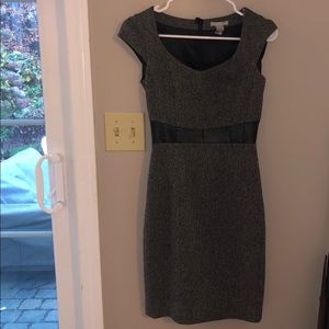 Tweed fitted dress with vegan leather waist accent